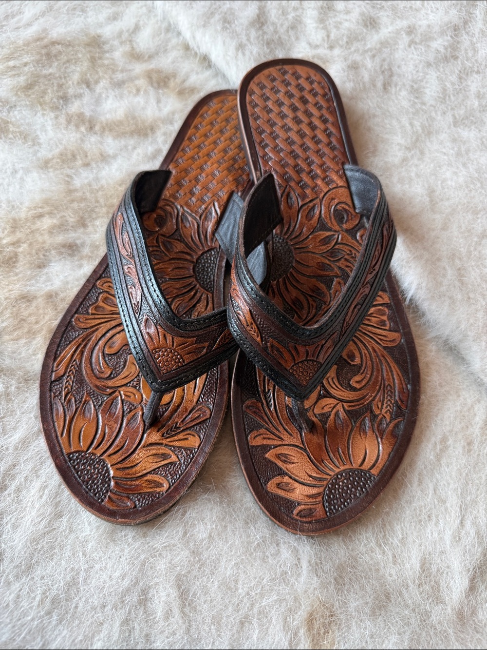 Hand-Tooled Leather Flip Flop Sandals in Brown and Black